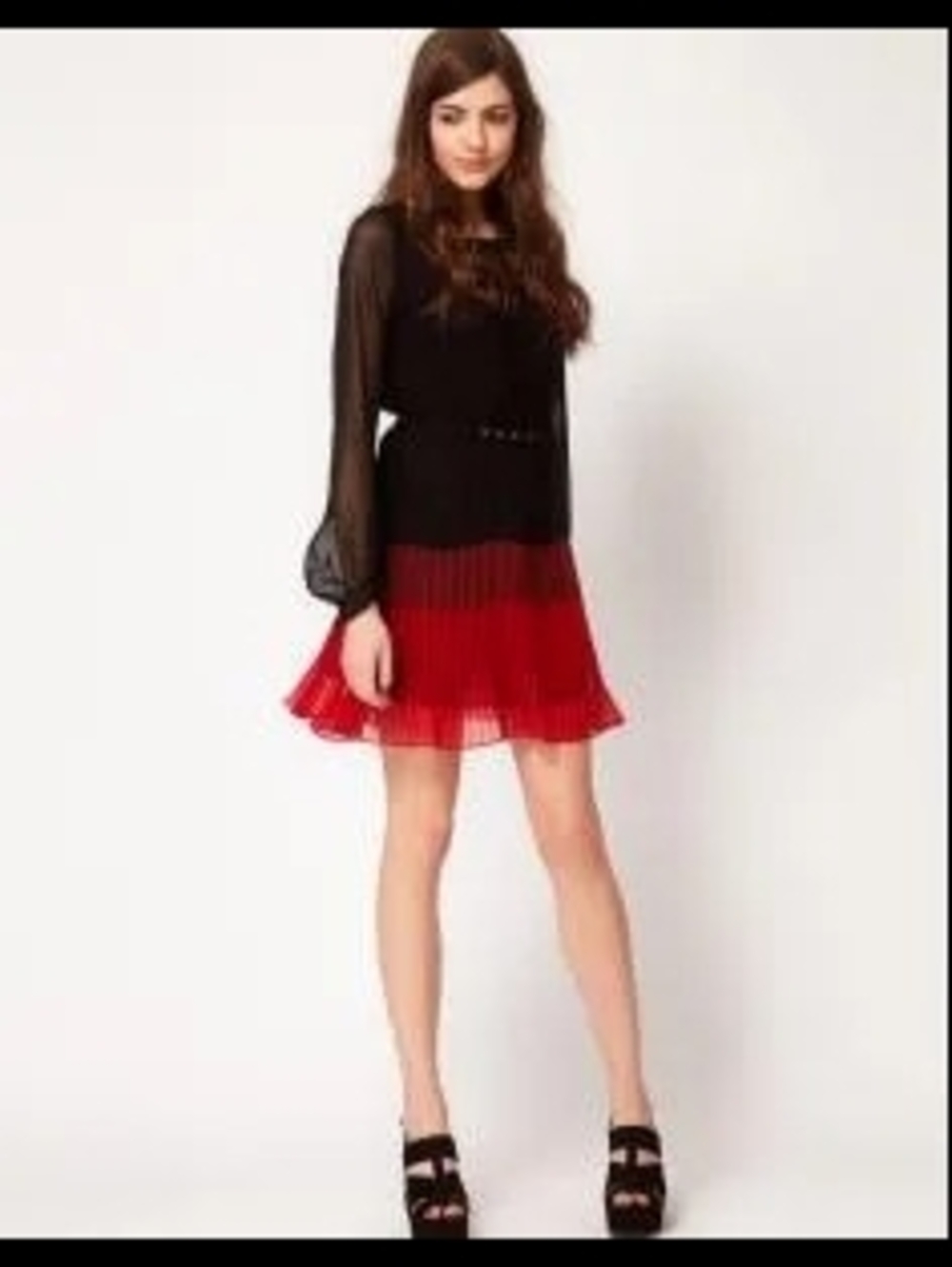 French Connection Black to Red Ombre Pleated Colorblock Dress